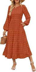 Women's beige high waist autumn dress with long ruffle sleeves, round neck.