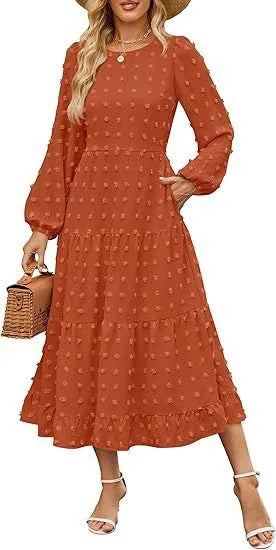 Women's beige high waist autumn dress with long ruffle sleeves, round neck.