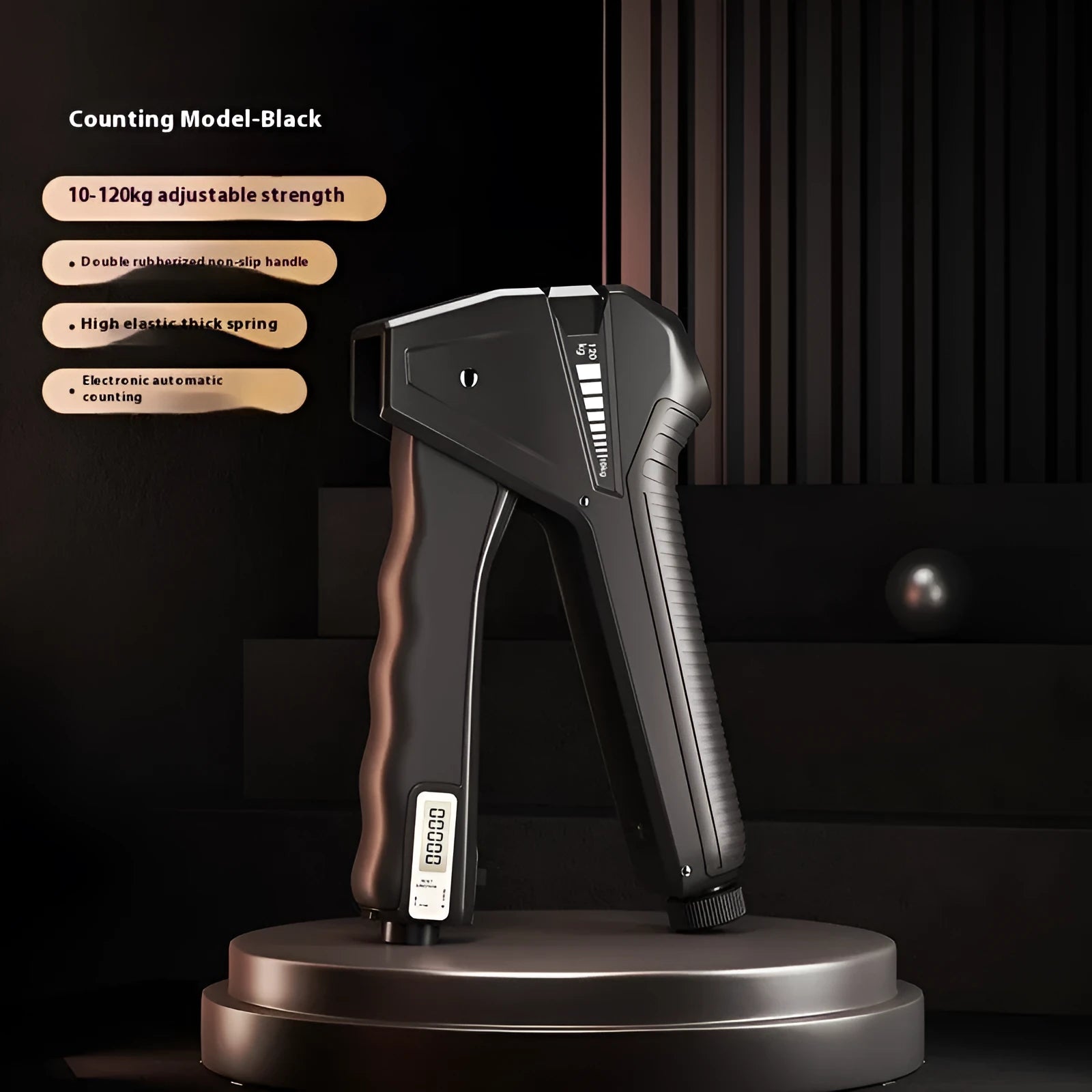 Adjustable grip strength trainer with mechanical force counter display showing resistance level