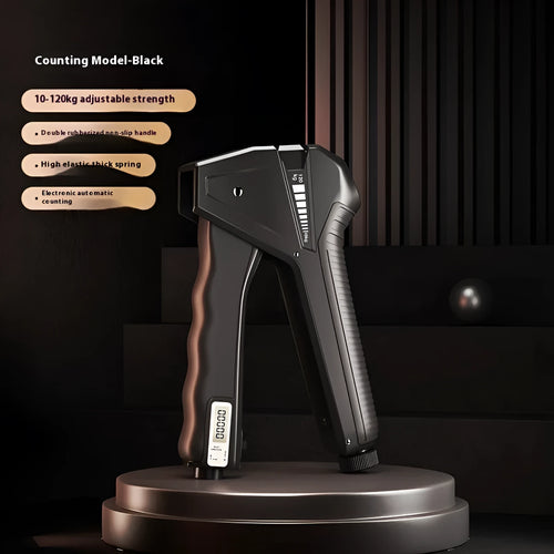 Adjustable grip strength trainer with mechanical force counter display showing resistance level