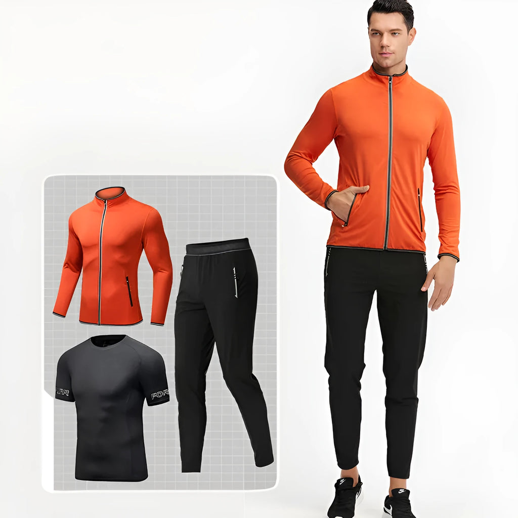 Men's sportswear gym fitness three piece set in black with quick dry polyester fabric
