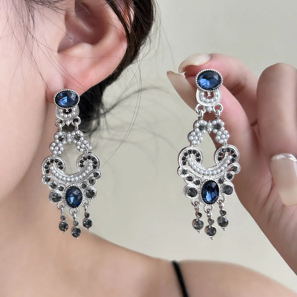 Pair of geometric retro earrings with chamfered square cubic zirconia in atmospheric blue, electroplated zinc alloy setting
