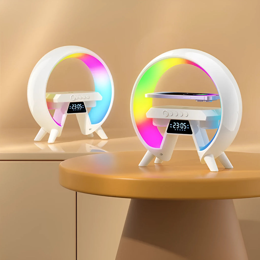 Bedside Bluetooth speaker with wireless charger and clock light, USB powered, 236mm round unit