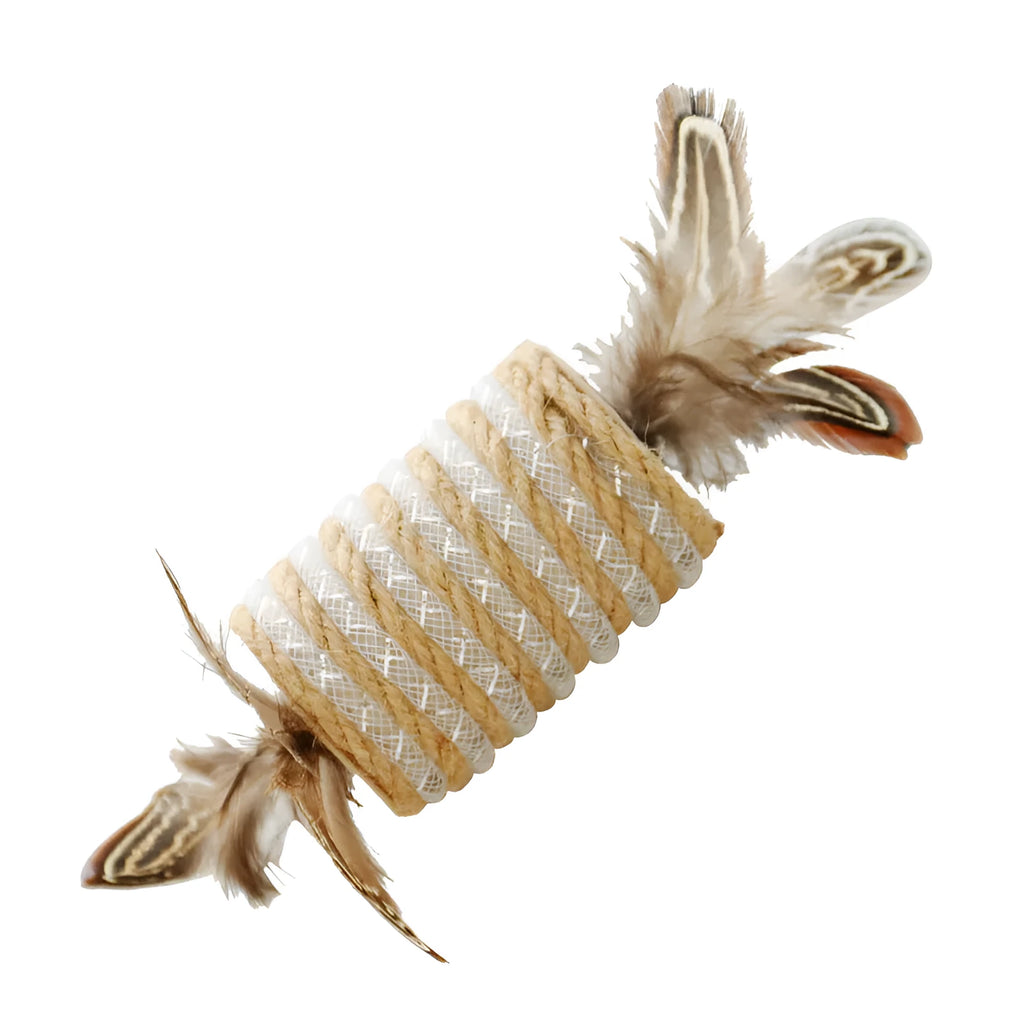 Beige cat toy made of hemp rope with feathers and an integrated roller for scratching and play