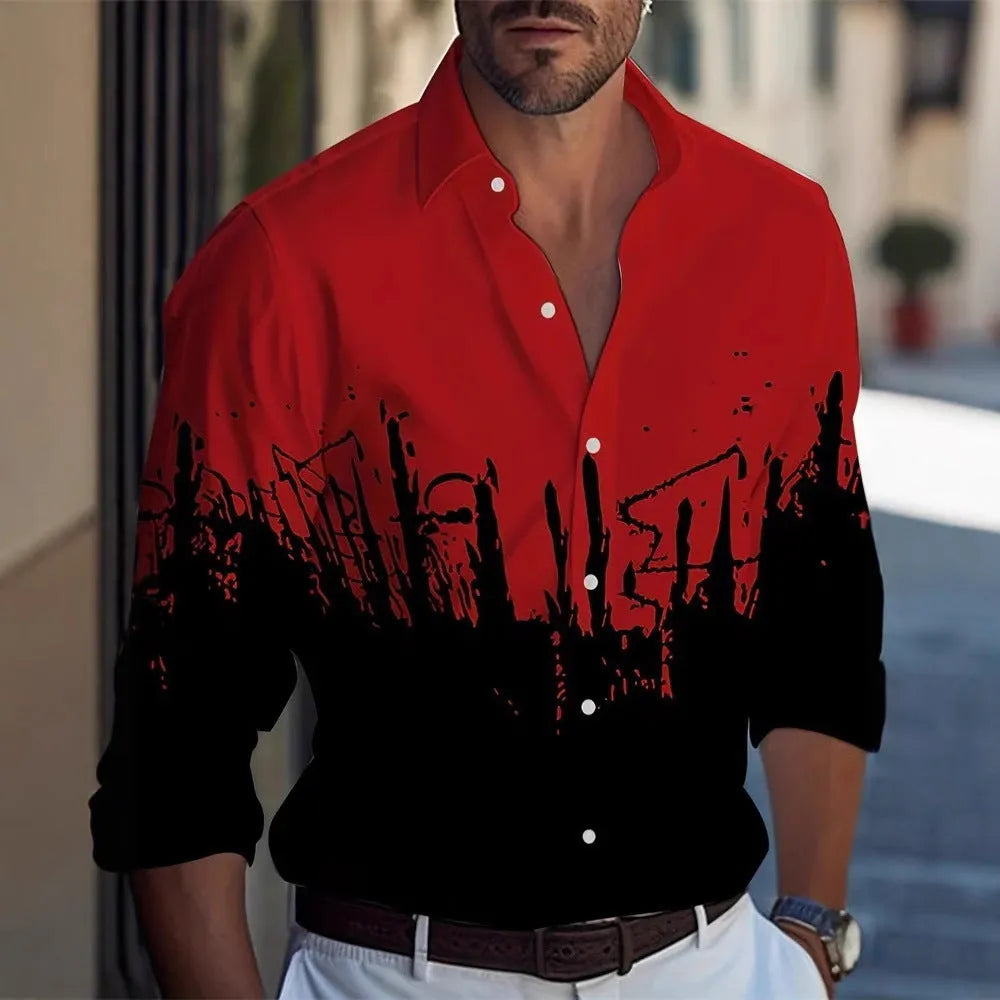 Hawaiian floral pattern men's long sleeve shirt in loose cardigan style with stretch polyester fabric