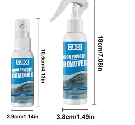 Car rust remover spray bottle with blue square sponge and microfibre towel for automotive corrosion treatment