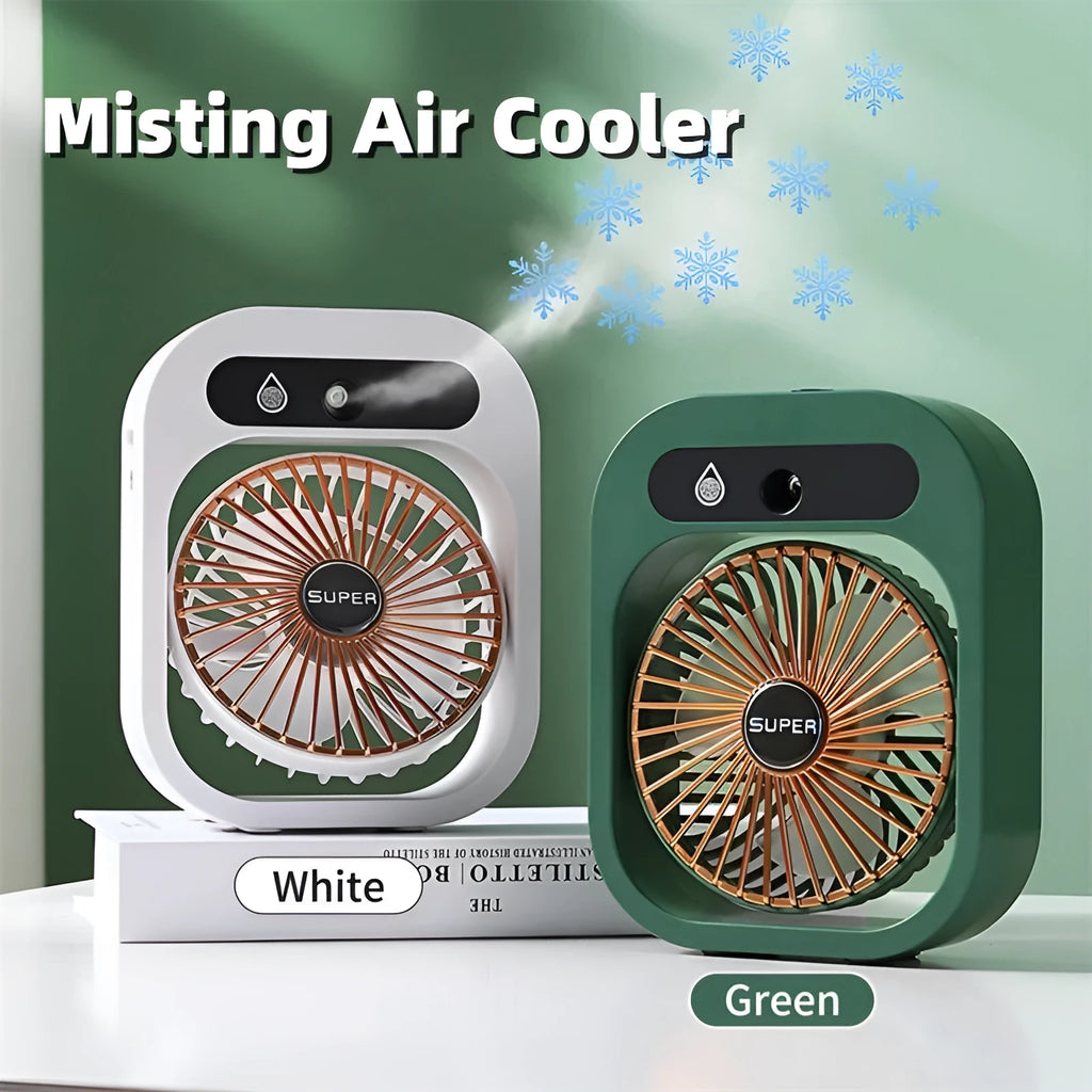 Green and white portable USB misting fan with water tank and adjustable vents