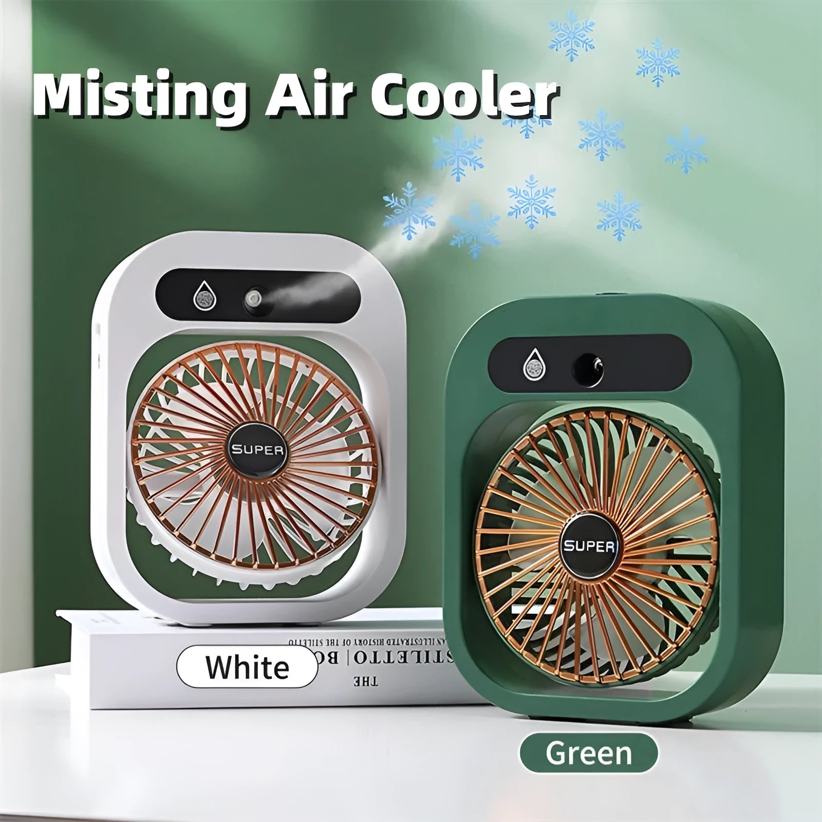 Green and white portable USB misting fan with water tank and adjustable vents
