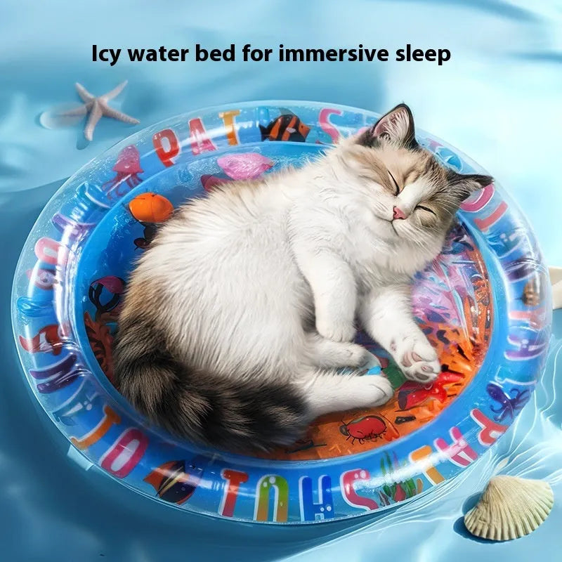 Inflatable blue pet cooling water mat with dolphin print, filled with water for a dog or cat.