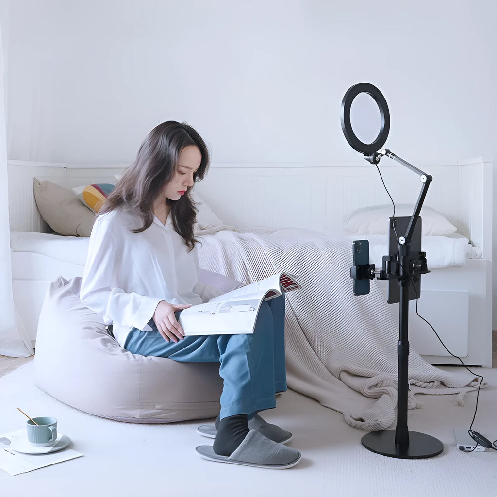 Black mobile phone tablet stand with fill light and rotation mechanism for floor placement