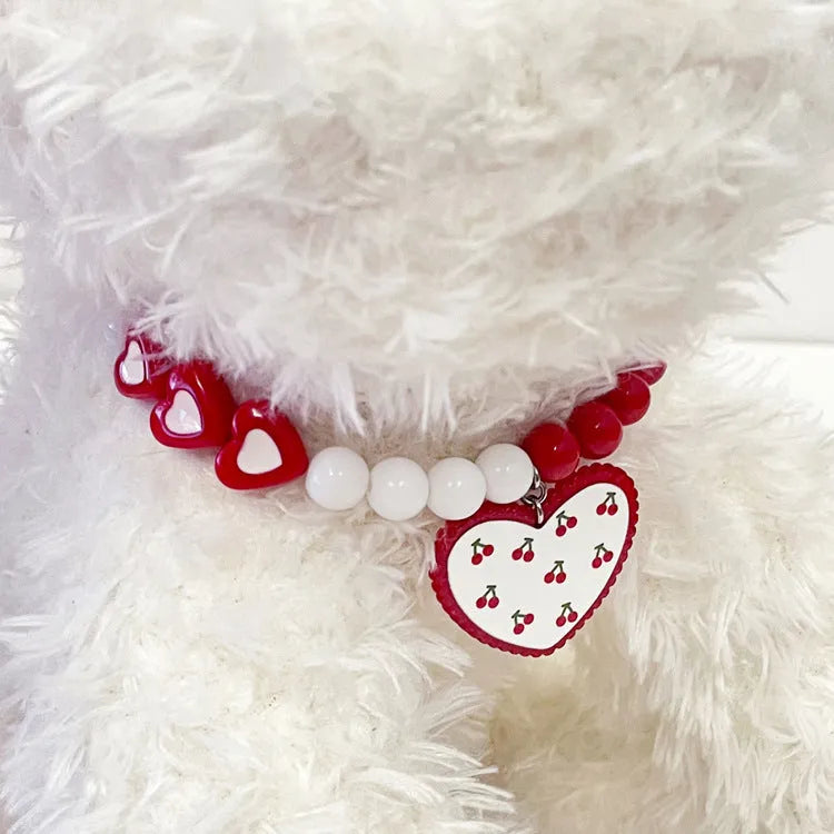 Red heart bead dog collar with flower pattern, princess style, available in sizes S M L