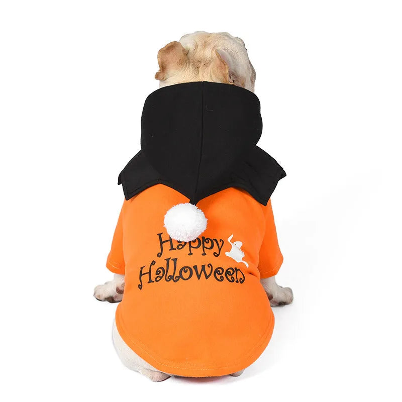 Halloween pumpkin-themed dog sweater with attached shawl in black and orange colours