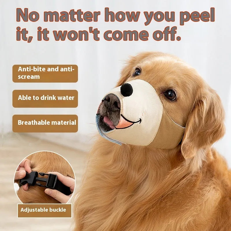 Canvas dog muzzle in Ollie Brown Bear colour on a size chart showing S, M, L, and XL options.