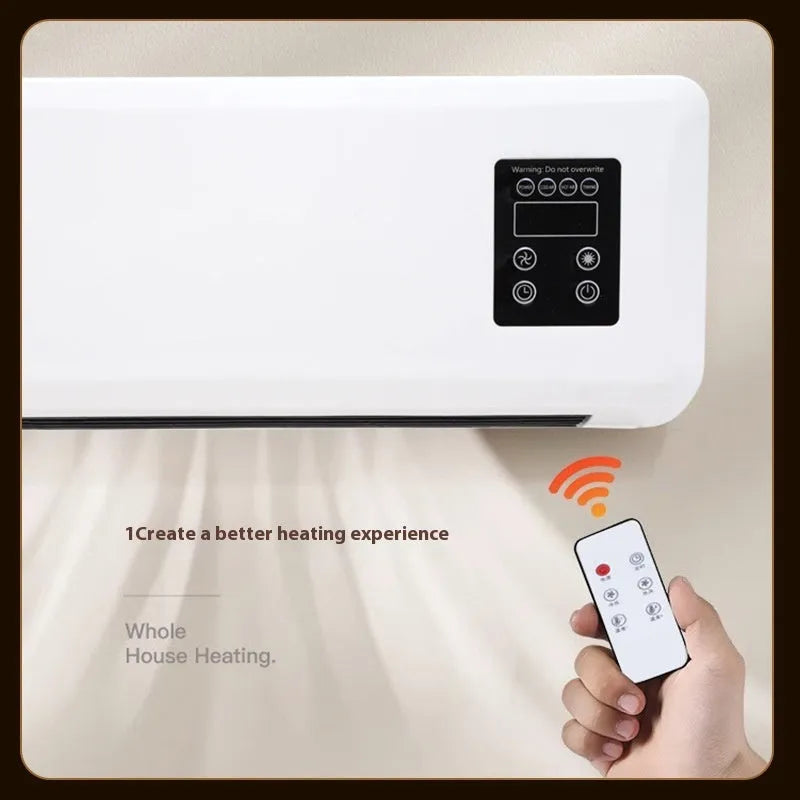 White wall-mounted warm air blower bathroom heater with digital temperature control, 42x18x12cm
