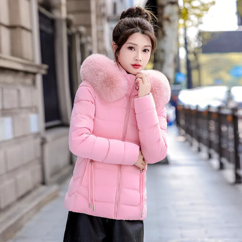 Women's removable cap thick padded jacket with fur collar in khaki colour front view