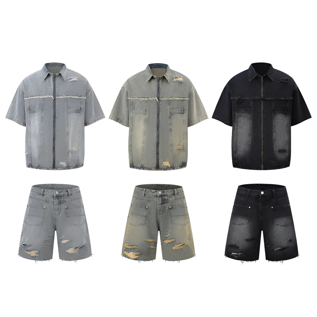 Denim overall suit matching set with short sleeve top and trousers in street style design