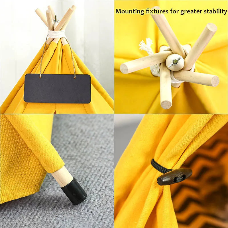 Flax linen portable teepee bed for small dog or cat with striped pattern and cushion