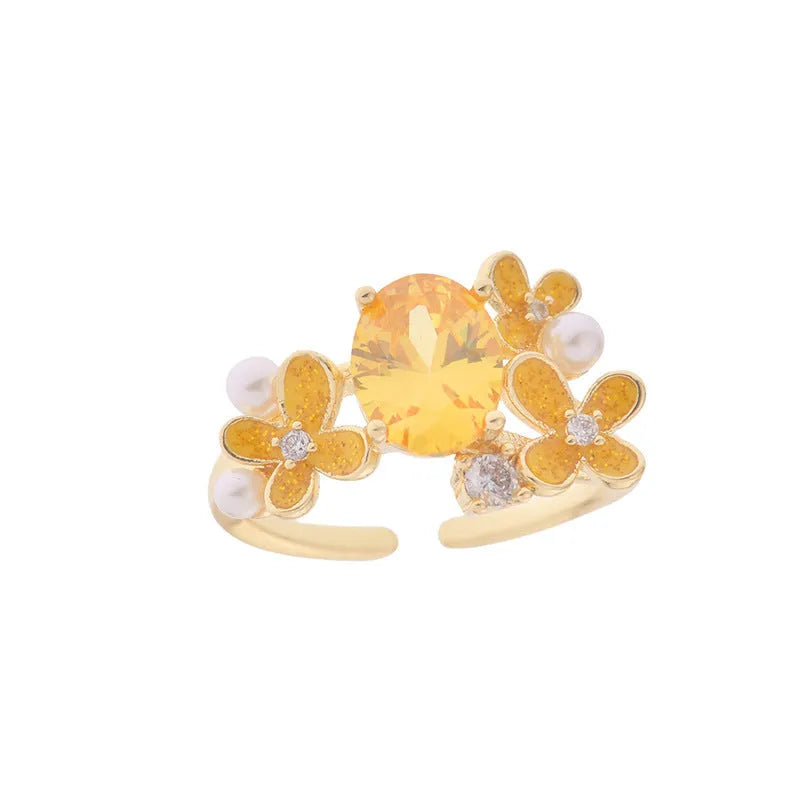 Women's flower pearl zircon open ring in yellow and light purple colours with floral design