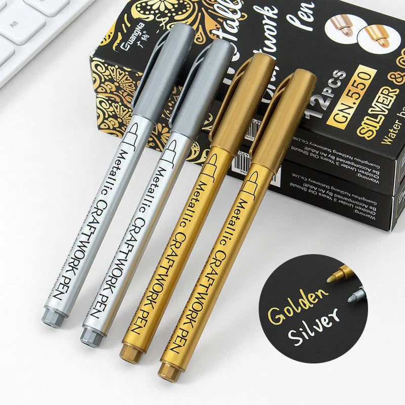 14cm metal paint pen with gold and silver ink options in plastic shell