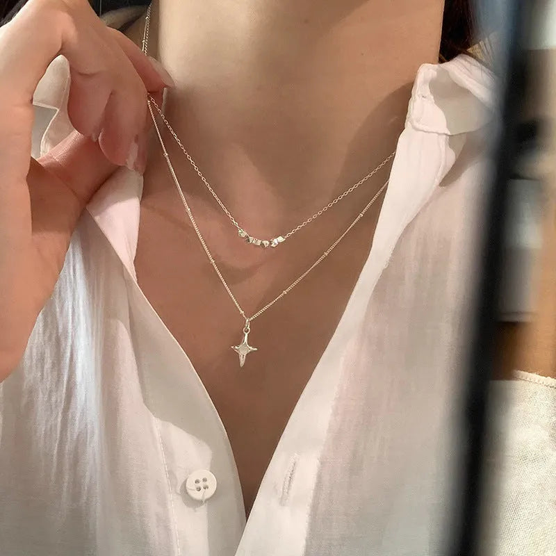 Double layer stainless steel necklace with opal cross pendant for women, colour XL3329