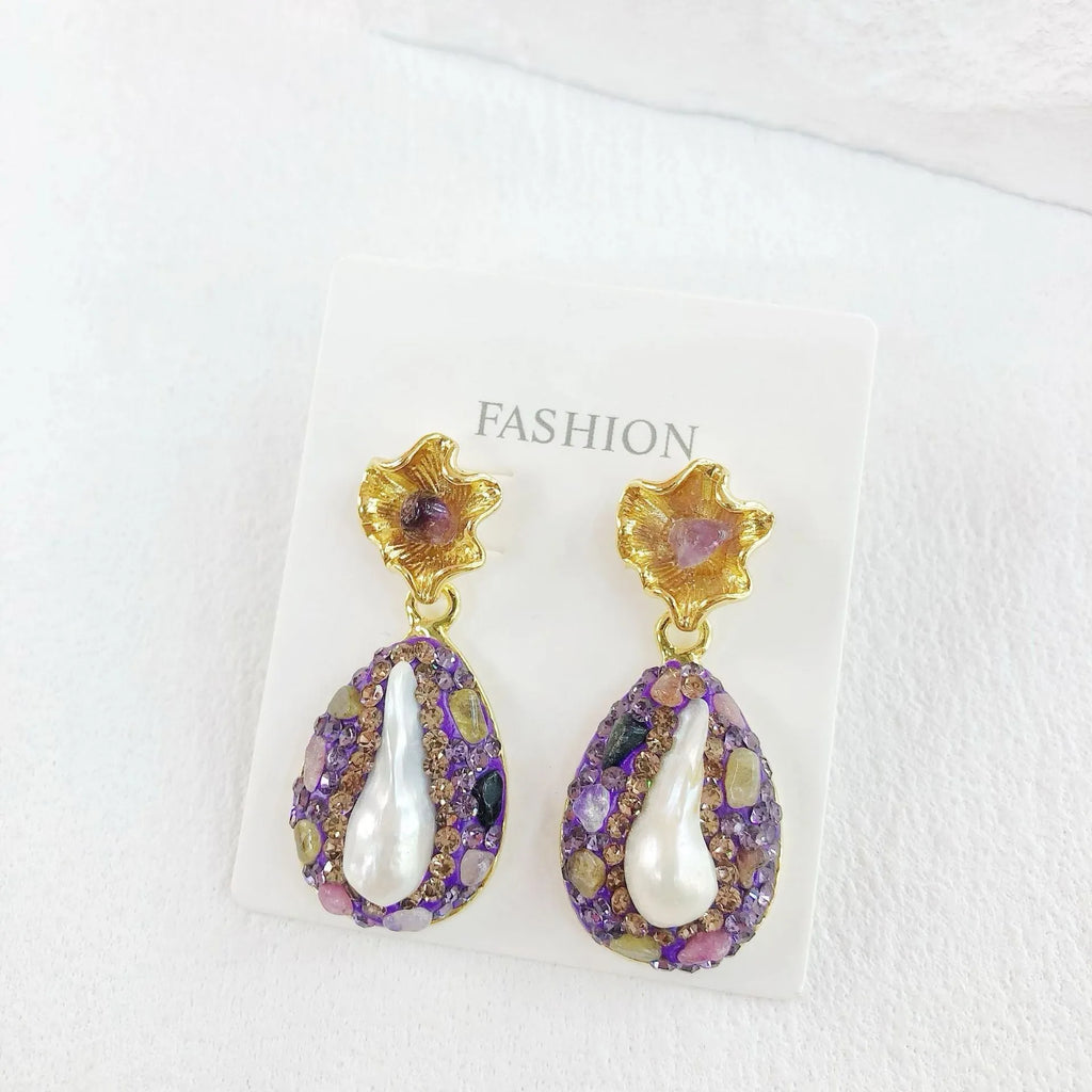 Purple pearl and crystal teardrop lotus leaf drop earrings for women with inlaid diamond detail
