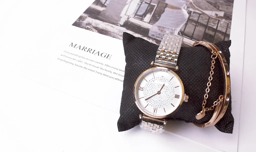 Ladies watch set with gypsophila design two-piece bracelet in silver and rose gold options