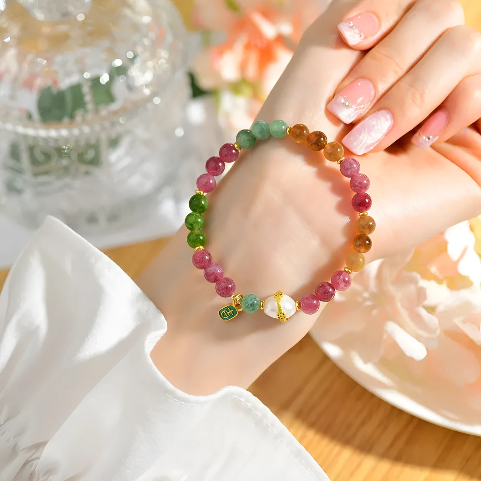 Geometric natural chalcedony bracelet for men and women with 6.5mm beads in optimised tourmaline colour.