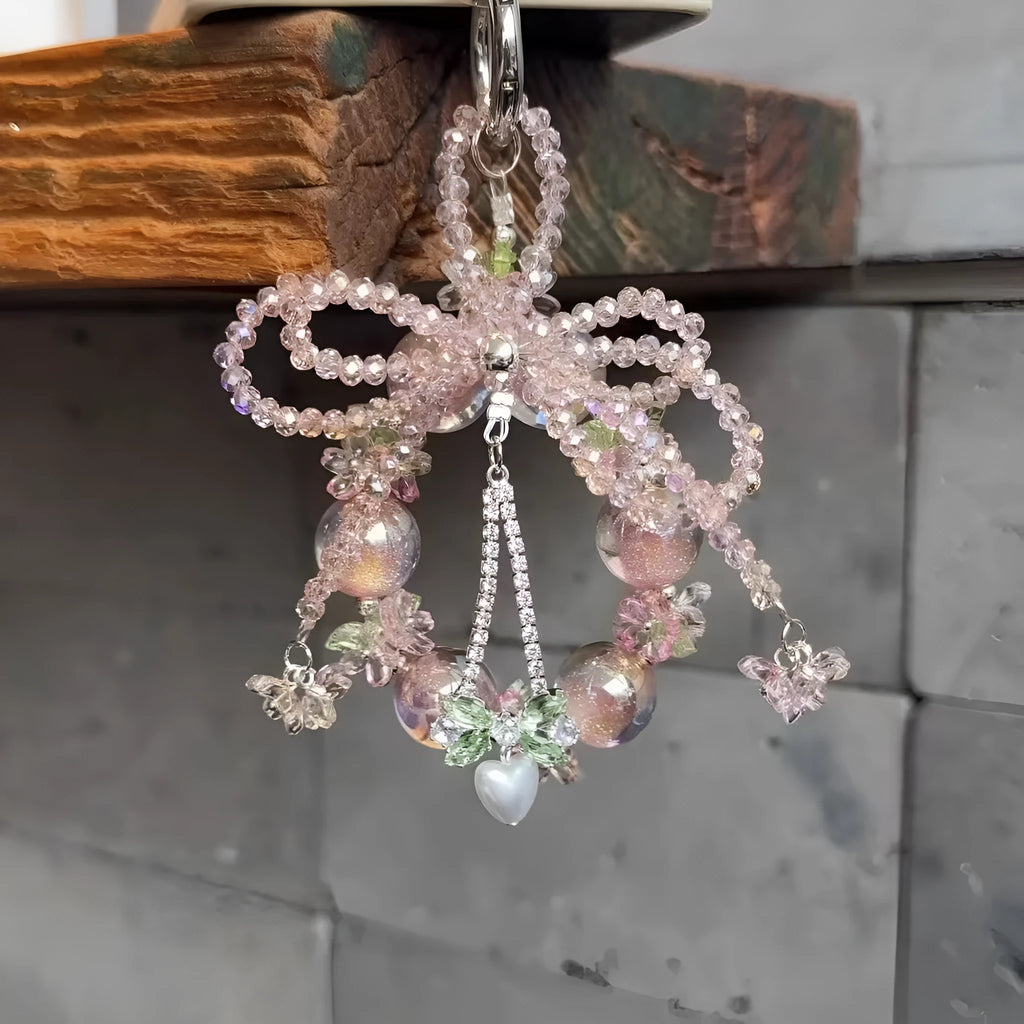 Acrylic sweet bow beaded mobile phone charm pendant in bow beaded colour with heart water drops bell pattern