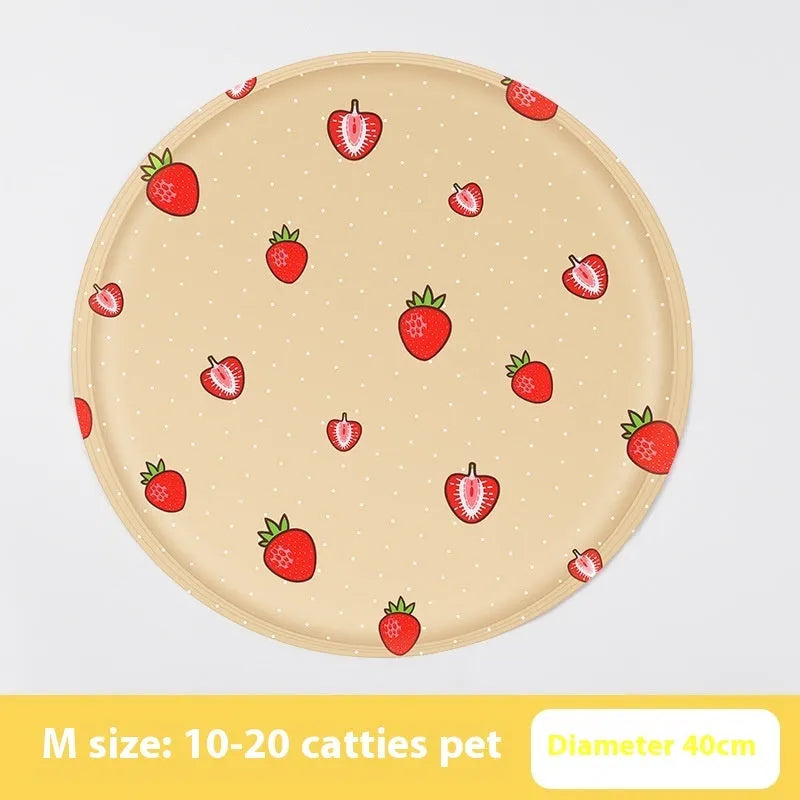 Round cloth cooling mat for dogs with cartoon design options including beige bunny and blue paw print patterns