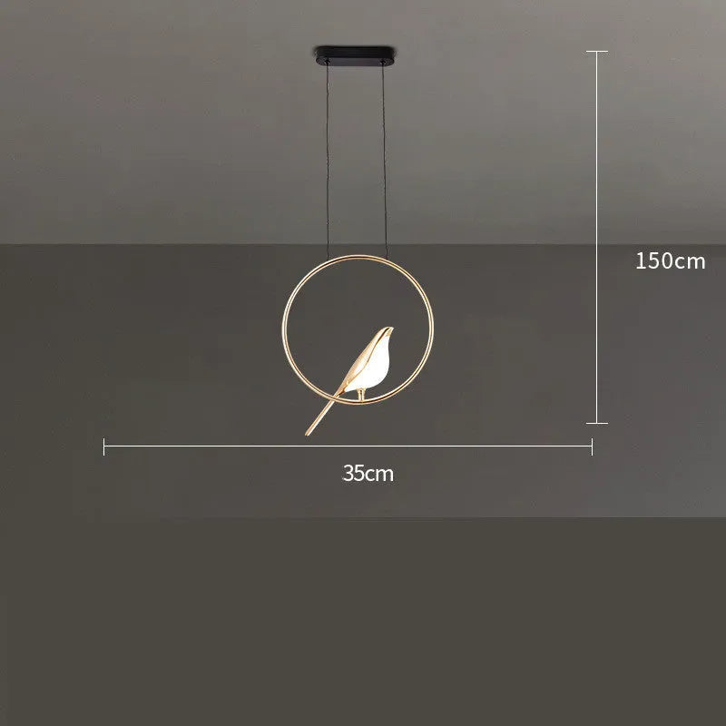 Minimalist clear acrylic magpie bird chandelier ceiling light with a metallic frame.
