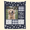 White polyester flannel pet dog blanket shown in a home setting.