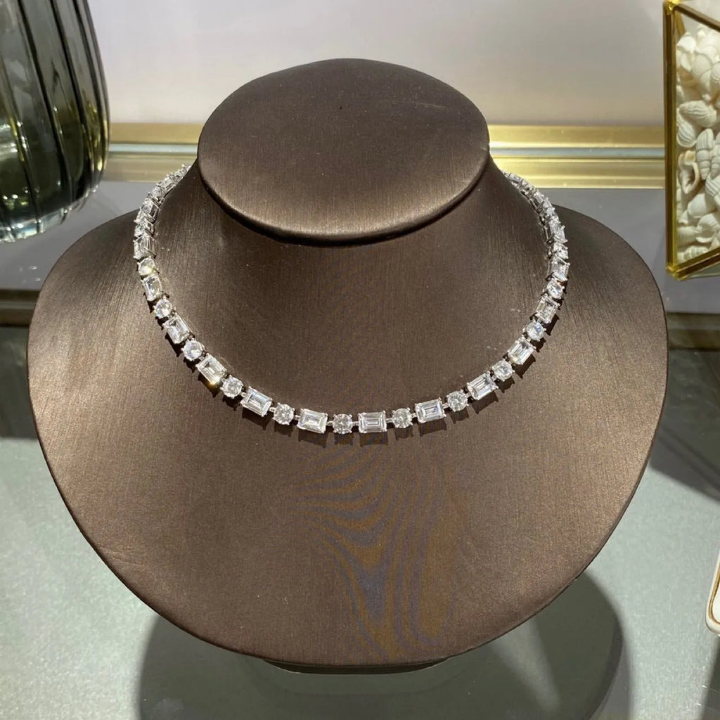 Moissanite single row full diamond collarbone chain necklace for women in silver with geometric design