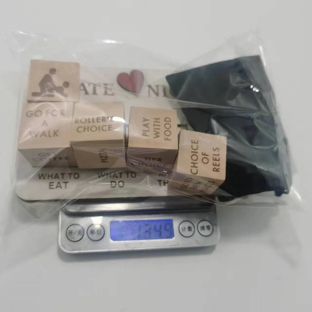 Wooden date night dice set with five natural wood dice, date planner board, and black storage bag for couple games