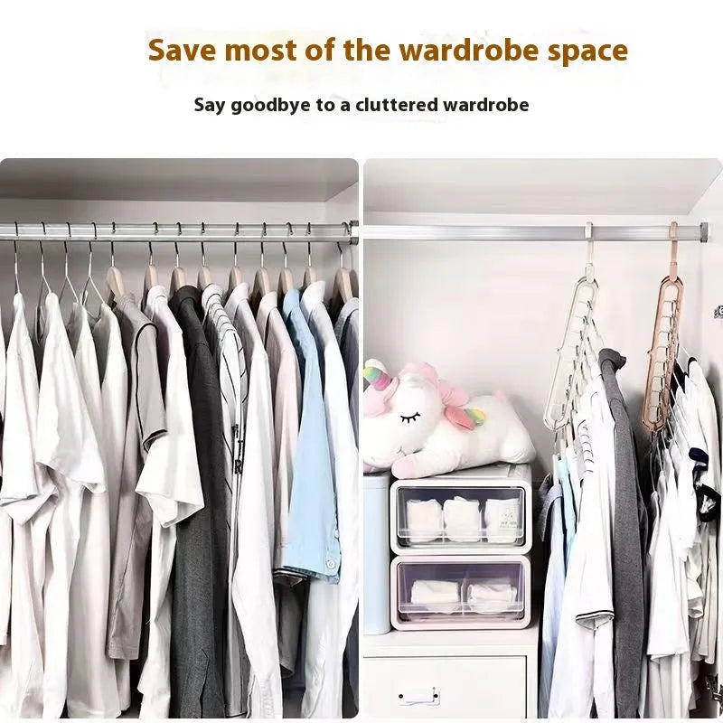 Plastic nine-hole folding clothes hanger for trousers in green, blue, pink, beige, and grey colour options.
