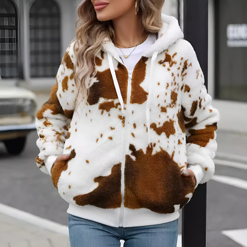 Yellow brown cow animal print hooded cardigan jacket with zipper closure and threads detail