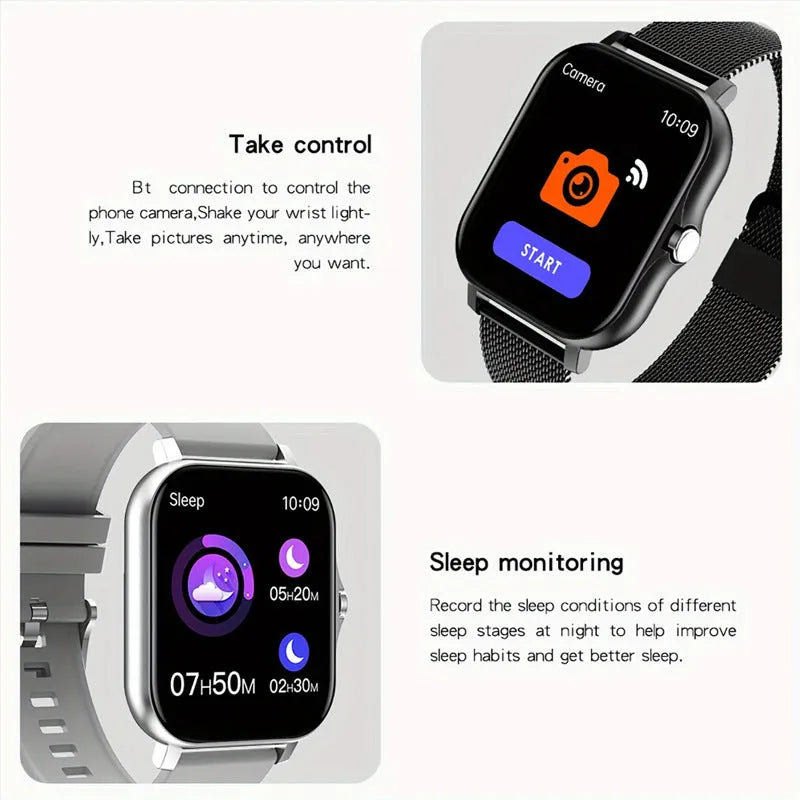 Black and gold smart watch with 1.44-inch touch screen and silicone strap on a wrist