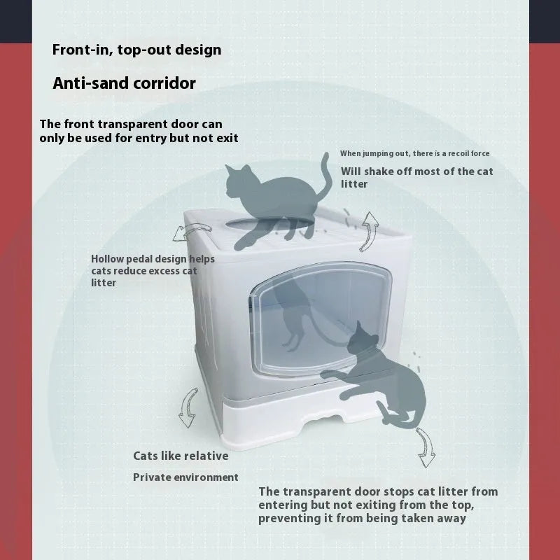 Folding fully enclosed cat litter box in blue, pink, or grey, 51x41x44cm, made from ABS and PP.