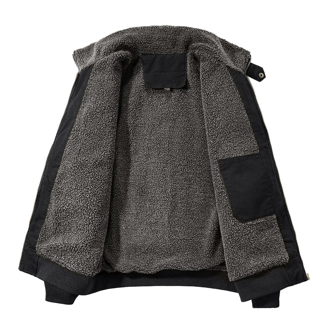 Men's winter fleece cotton coat in black, long sleeves, fleece-lined and thickened cotton jacket