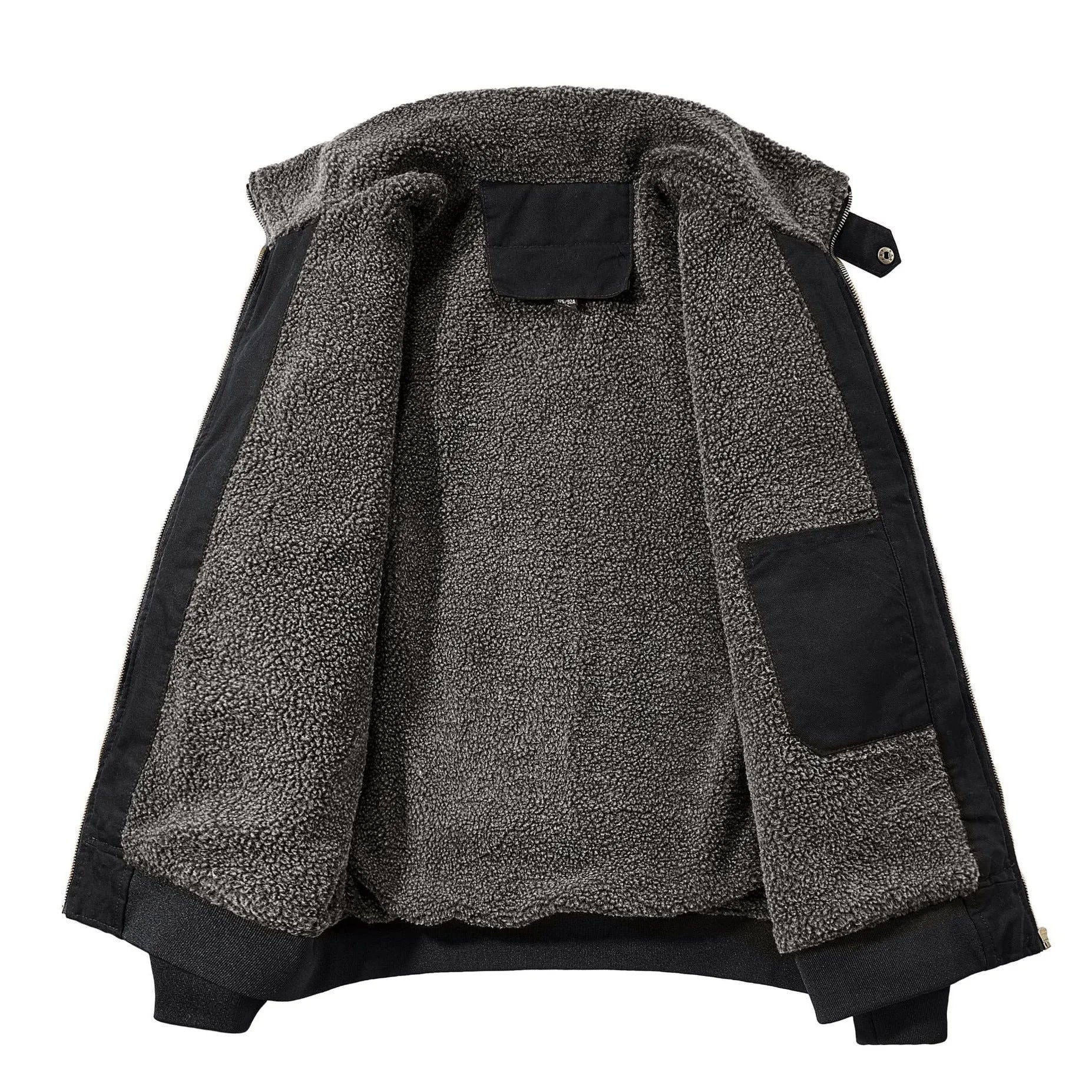 Men's winter fleece cotton coat in black, long sleeves, fleece-lined and thickened cotton jacket