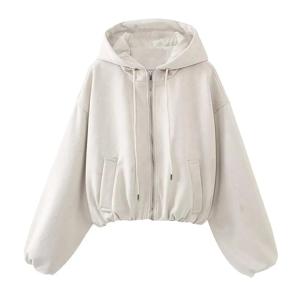 Women's suede hooded casual jacket in white or black colour with Asian sizing