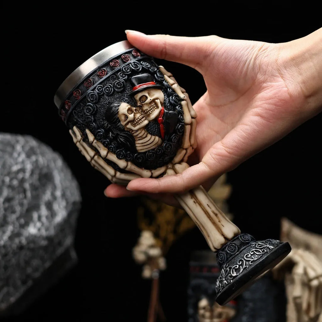 Stainless steel goblet with a red and black resin skeleton design, holding 200ml.