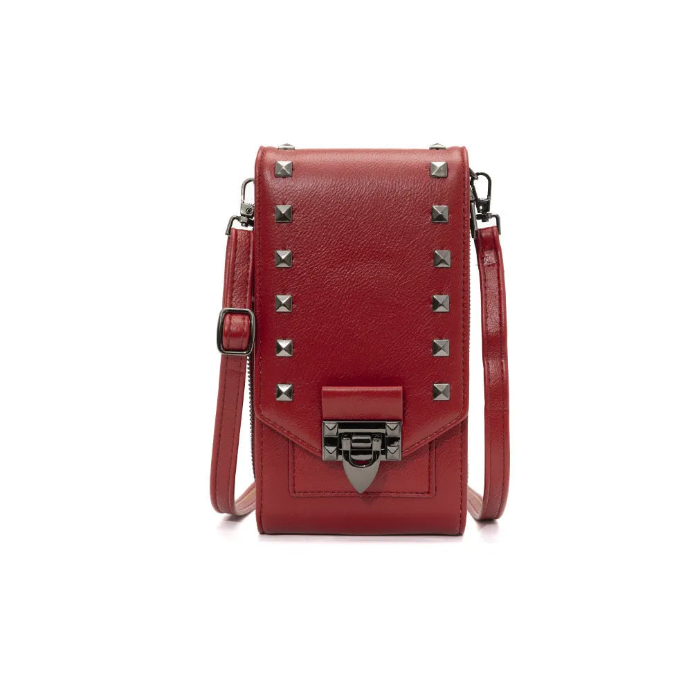 Rivet design crossbody bag for women in solid colour PU leather with card slot and cover closure