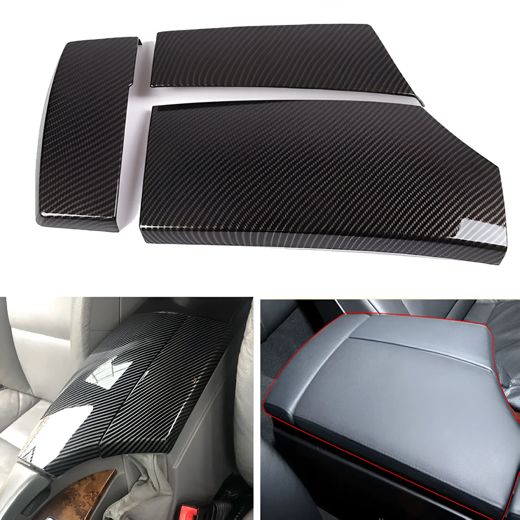 Set of three black ABS car armrest box protective covers with a diagonal carbon fibre weave pattern and shiny surface.