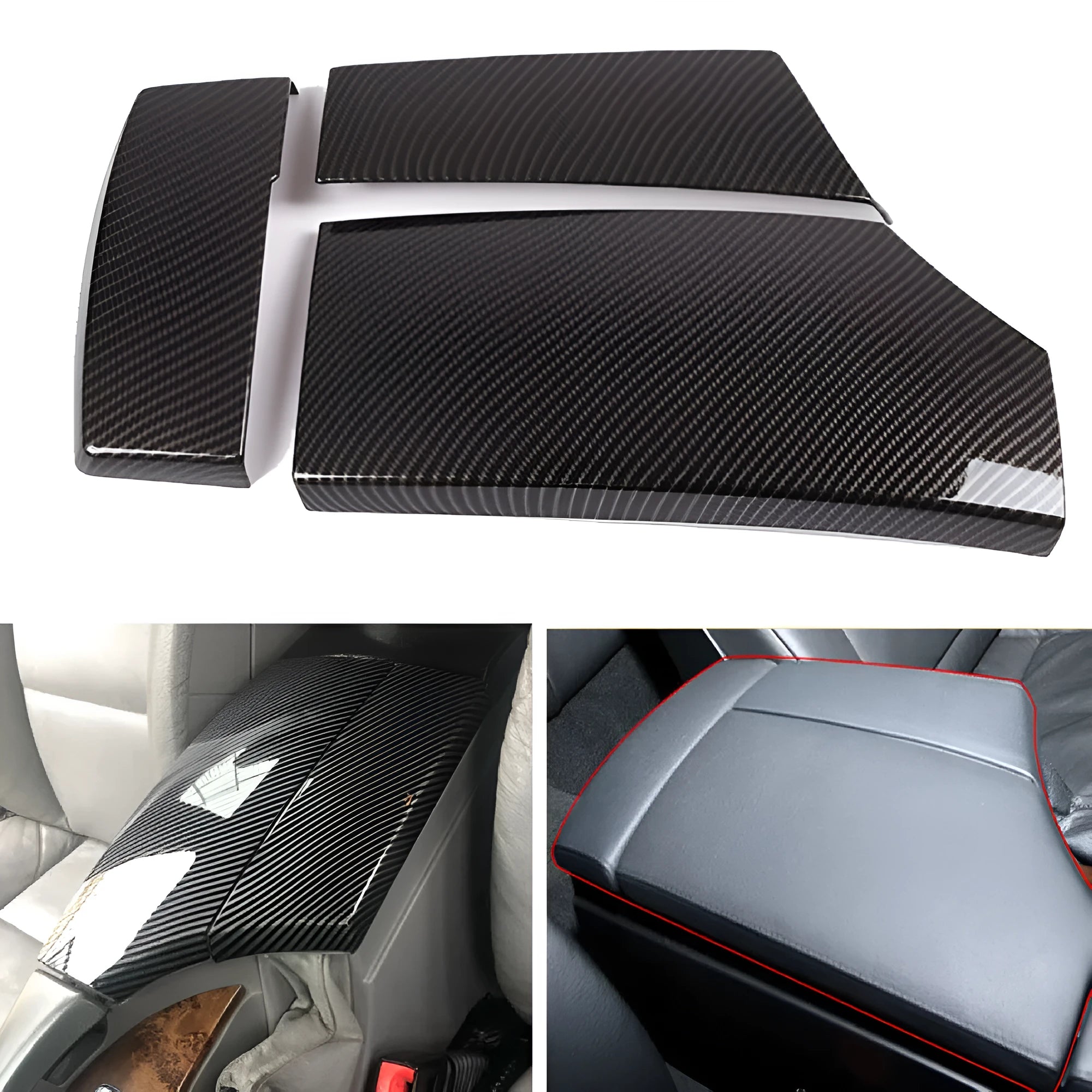 Set of three black ABS car armrest box protective covers with a diagonal carbon fibre weave pattern and shiny surface.