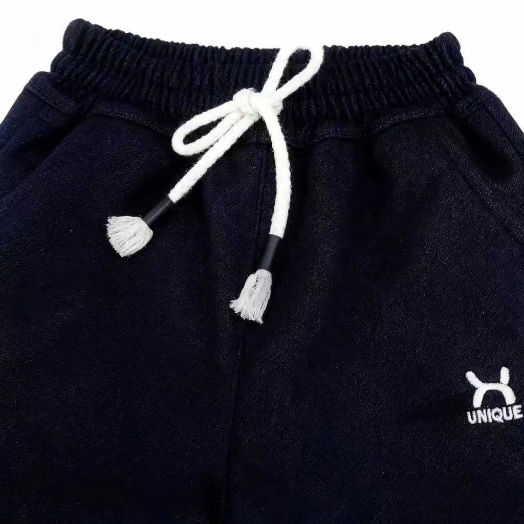 Children's trousers with drawstring waist and ribbed hem, sizes 22-26, black or blue, 96% polyester 4% spandex