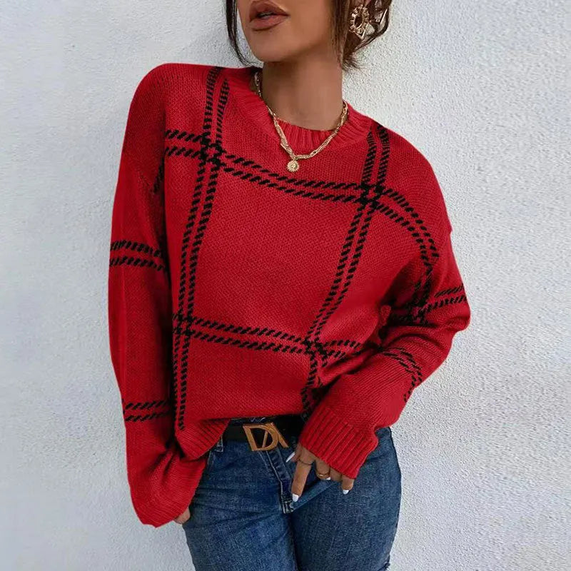 Women's casual plaid colour-block crew neck sweater with apricot, black, beige, red and green stripes