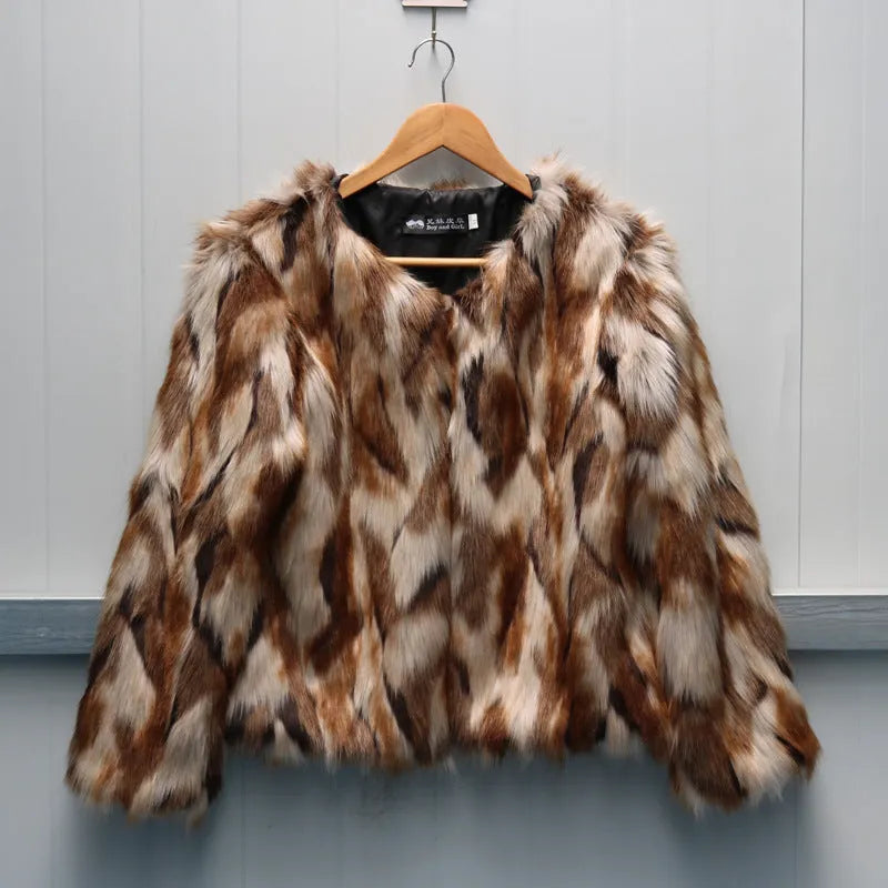 Korean slim-fitting women's faux fur coat in street fashion style on a hanger.