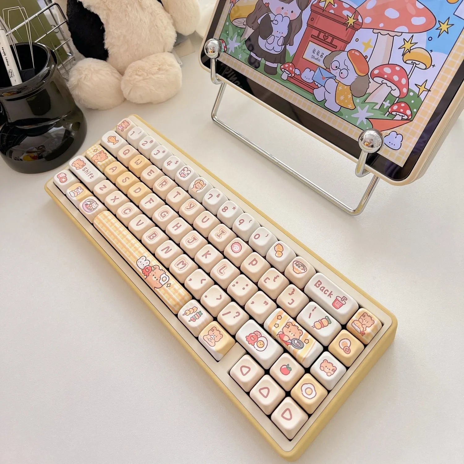 Set of 140 Rabbit Bear Restaurant themed PBT keycaps with EOA height profile laid out.