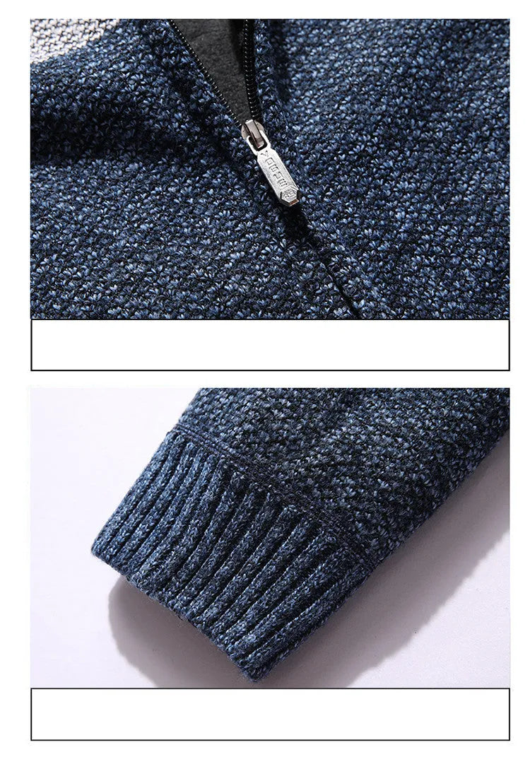 Casual men's hooded plus fleece warm sweater cardigan in grey colour block with long sleeves and zip front