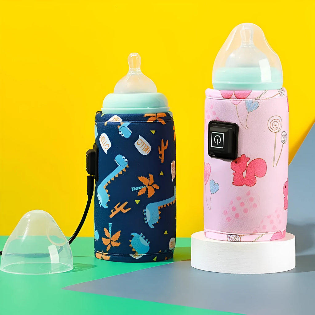 USB baby bottle warmer insulation cover in blue dinosaur cartoon print, showing portable cooler bag design.